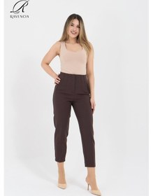 Resim Kadın Model Yüksek Bel Kumaş Kahverengi Pantolon 
