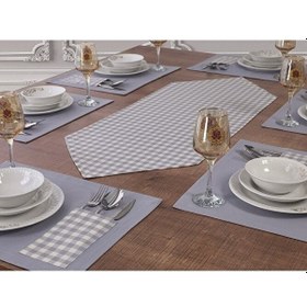 Resim Amerikan Servis Supla Ve Runner Seti 8 Kişilik Set Gri Ekose Dese Gri 