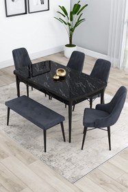 Resim Canisa Kar Serisi, Siyah Mermer Desen Masa Mdf 80x132 Açılabilir Yemek Masası 4 Antrasit Sandalye 1 Bench 