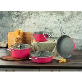 Resim Zest Lionte Nar 7 Parça İndiksiyon Tabanlı Granit Tencere Seti Pembe 