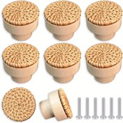 Resim 6 Adet El Yapımı Boho Rattan Çekmece Düğmeleri - Doğal Hasır Çekmece Kolları Saten Kaplama, Kolay Kurulum İçin Vidalar Dahil - Dolaplar, Mutfak & Mobilya Yükseltmeleri İçin Mükemmel, Dolaplar ve Çekmeceler İçin Düğmeler 