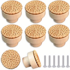 Resim 6 Adet El Yapımı Boho Rattan Çekmece Düğmeleri - Doğal Hasır Çekmece Kolları Saten Kaplama, Kolay Kurulum İçin Vidalar Dahil - Dolaplar, Mutfak & Mobilya Yükseltmeleri İçin Mükemmel, Dolaplar ve Çekmeceler İçin Düğmeler 