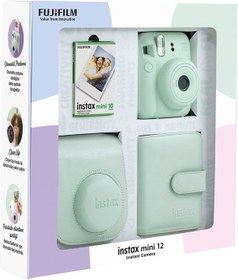 Resim Fujifilm Instax Mini 12 Fotoğraf Makinesi + 10'lu Film Kare Albüm + Deri Kılıf Bundle Box Yeşil 