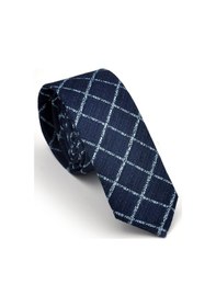 Resim Gaffy Mavi Kare ve Kırcıllı Desenli Lacivert Dokuma Kumaş Mendilli Slim Fit Kravat // Sdk230912 Lacivert - Mavi 