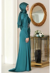 Resim Raika Moda Bel Taş Baskı Şık Saten Efsun Abiye Zümrüt 
