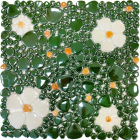 Resim MozaiKristaL Mutfak Tezgah Arası, Banyo, Havuz, Sauna, Spa, Zemin, Duvar ve Yaşam Alanlarının Tüm Yüzeyleri Için Yeşil, Sarı, Beyaz Çiçek Desenli 31.5X31,5 cm Fileli Cam Mozaik.( 5 File = 0,5 M2 Fiyatıdır ) 
