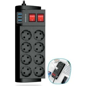 Resim Winnboss Isıya Dayanıklı Termal Akım Korumalı 2 Metre 16A 4000W 8li Priz ve 3 USB Li Uzatma Kablosu 