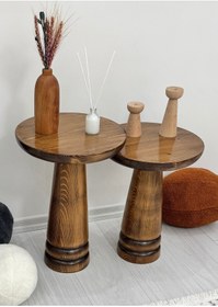 Resim AYLESA Doğal Ahşap 2’li Set Mantar Yan Sehpa Modern Ceviz Renk Fiskos Zigon Çiçeklik 