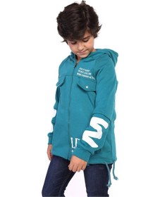 Resim Toontoy Kids Toontoy Erkek Çocuk Kapüşonlu Fermuarlı Cepli Düşük Omuz Baskılı Reglan Kol Örme Hırka - Beli Ayarlanabilir Bağcıklı 3 İplik Şardonlu Petrol Mavi 