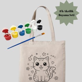 Resim Kedi Temalı Boyama Çantasi Anaokulu Çocuk Etkinlik Boyama Krem Bez Çanta - 35x40 cm, %100 Pamuk Tote Bag 