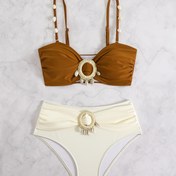 Resim Kadın Tatil Şıklığı Yuvarlak Halka Kabuk Püskül Dekorlu Pileli Tasarım Rahat Plaj Bikini Mayo Takımı 