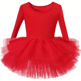 Resim Kızlar için pembe uzun kollu çok katmanlı tül balerini elbise, yıldız pullarıyla süslenmiş yuvarlak yaka festival performans leotardı jimnastik akşam elbisesi doğum günü partisi sahne kostümü 