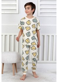 Resim Erkek Çocuk %100 Pamuk Baskılı Pijama Takımı Kısa Kollu, Sevimli Desenler Bej 