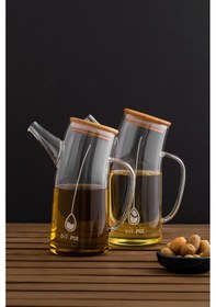 Resim Porsima 2093 Bambu Kapaklı Vakumlu Borosilikat Cam 2li Yağdanlık Yağlık Sirkelik Seti 700ml Şeffaf 