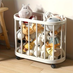 Resim 1 Adet Oyuncak ve Kıyafet Saklama Sepeti, 4 Tekerlekli Hareketlilik, Sevimli Hayvan Yüzlü Kapak ve Beyaz Çerçeve - Dayanıklı Plastik Dikdörtgen Organizatör, Oyun Odası ve Oda İçin - Kolay Zemin Temizliği İçin Bebek Arabası Gibi Arabalı 