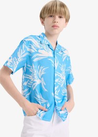 Resim DeFacto Oversize Geniş Kalıp Polo Yaka Desenli Viskon Kısa Kollu Gömlek Erkek Çocuk F5675A825HS 