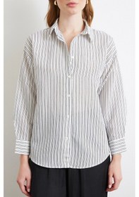 Resim Simetrik Çizgili Gömlek Siyah Siyah 