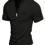 Resim Erkekler için Lacivert Atletik Gömlek - %100 Polyester Hafif 220gsm, Fermuarlı Göğüs Cebi ve Ayakta Yaka ile Düzenli Kesim Kısa Kollu Günlük ve Spor Giyim İçin 