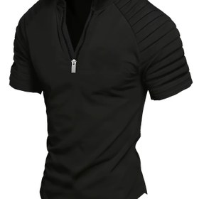 Resim Erkekler için Lacivert Atletik Gömlek - %100 Polyester Hafif 220gsm, Fermuarlı Göğüs Cebi ve Ayakta Yaka ile Düzenli Kesim Kısa Kollu Günlük ve Spor Giyim İçin 
