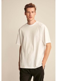 Resim Grimelange Jett Erkek Oversize Fit %100 Organik Pamuk Kalın Dokulu Bisiklet Yakalı Beyaz T-shirt Beyaz 
