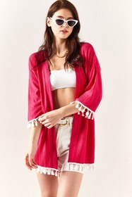 Resim Olalook Kadın Fuşya Püsküllü Dokuma Salaş Kimono KMN-00000062 