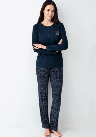 Resim Arnetta Make Me Happy Kadın Modal Pamuklu Rahat Uzun Kollu Pijama Takım lacivert 