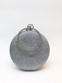 Resim melezzi Gümüş Renk Simli Yuvarlak (Çapı 15 Cm) Taşlı Tutma Halkalı Abiye Gece Çantası(Cep Tel Sığmamaktadır) 