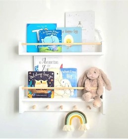 Resim dekomar Montessori 50cm 2 Li Set Raf Askılık Beyaz- Naturel Ahşap 