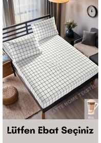 Resim Mocha Beyaz Ekose Desenli Pamuklu Kumaş Lastikli Çarşaf Takımı Beyaz 