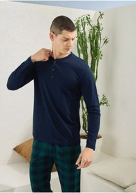 Resim Kly Ekose Desen Pamuk Erkek Pijama Takım Lacivert 