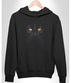Resim Siyah Kedi Kadın Erkek Siyah Kapüşonlu Sweatshirt Hoodie Siyah 
