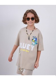 Resim Miniko Kids Erkek Çocuk Bluey Modelli Pamuk Şortlu Takım Ekru 