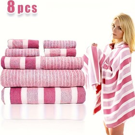 Resim 8 Parça Tüy Dökmeyen Süper Emici Ultra Yumuşak Beş Yıldızlı Otel Standartlı İki Tonlu Çizgili Havluluk Seti, 2 Banyo Havlusu, 2 El Havlusu ve 4 Peçete içerir, Cadılar Bayramı, Noel & Doğum Günleri Hediyesi İdeal 
