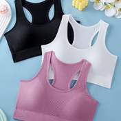 Resim 3 adet Kadın Atletik Sütyen - Çıkarılabilir Pedler ile Nefes Alabilen Fileli Yoga ve Fitness Tank Topları, Esnek Elastan Karışımı, Koşu ve Egzersiz için Crew Yaka, Düz Renkler (Siyah, Mor, Yeşil), Spor Giyim 
