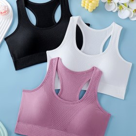 Resim 3 adet Kadın Atletik Sütyen - Çıkarılabilir Pedler ile Nefes Alabilen Fileli Yoga ve Fitness Tank Topları, Esnek Elastan Karışımı, Koşu ve Egzersiz için Crew Yaka, Düz Renkler (Siyah, Mor, Yeşil), Spor Giyim 