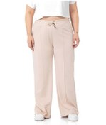 Resim Büyük Beden Beli Lastikli Ve İp Büzgülü Nervür Dikişli Bol Paça Bej Pantolon 001 