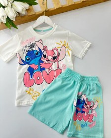 Resim Kız Çocuk Turkuaz Stitch Şortlu Takım 