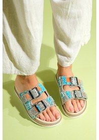 Resim Luvishoes Lanso Bej Taşlı Çift Bantlı Kadın Terlik Bej 