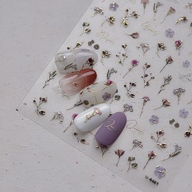 Resim 5D Altın Çizgili Kuru Çiçekler & Sonbahar Yaprakları Tırnak Sanatı Stickerları - Parlak Simli Kendinden Yapışkanlı Çiçek Desenleri, Plastik Dikdörtgen Manikür Dekoru, Kokusuz, Tek Kullanımlık, Kolay Uygulanabilir Manikür Aksesuarları 