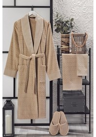 Resim Ansaaj Kadife Jakarlı 4 Parça Bornoz Takımı Sütlü Kahve 