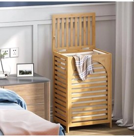 Resim Kalın Ahşap Bambu Kirli Çamaşır Sepeti Kumaş Çantalı Sepet 43x33x67cm 5399 Çok Renkli 