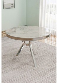 Resim Canisa Mos Serisi 90x90 Lak Panel Beyaz Mermer Desen Krom Kaplama Mutfak Masası Takımı Ve 4 Gri Sandalye Beyaz Mermer Desen Masa Gri Sandalye 