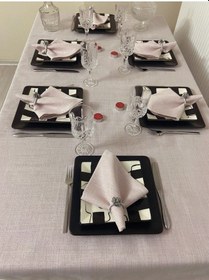 Resim Keten Görünümlü Begonvil Simli Masa Örtüsü Pudra Pembe 25 Parça Set 
