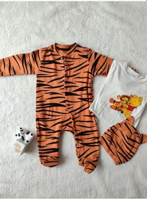 Resim 3-6-9-12 Ay Pooh Desenli Zebra Çizgili Şapkalı Sweatli 3lü Kız Erkek Bebek Tulumu Turuncu 001 