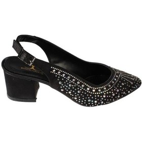 Resim Yazkış Kadın Siyah Gümüş Saten Işın Taşlı 5cm Kalın Topuk Önü Kapalı Arkası Açık Abiye Ayakkabı Siyah 