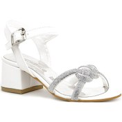 Resim Sedef Örgü Taşlı Kız Çocuk Abiye Kalın Topuklu Ayakkabı Ekru 