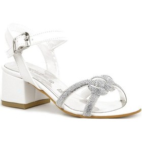 Resim Sedef Örgü Taşlı Kız Çocuk Abiye Kalın Topuklu Ayakkabı Ekru 