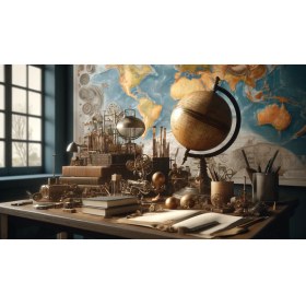 Resim Venspor Retro Bilim Masası Haritalar ve Eski Araçlarla Dolup Taşan Çalışma Alanı 200 x 150 cm Fon Duvar Örtüsü 