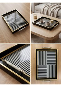 Resim Şık Kahve Sunum Tepsisi - Siyah Beyaz Modern Desenli Gold Detaylı Tepsi 