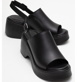 Resim Luvishoes Power Siyah Cilt Hakiki Deri Kadın Dolgu Topuklu Sandalet Siyah Deri 